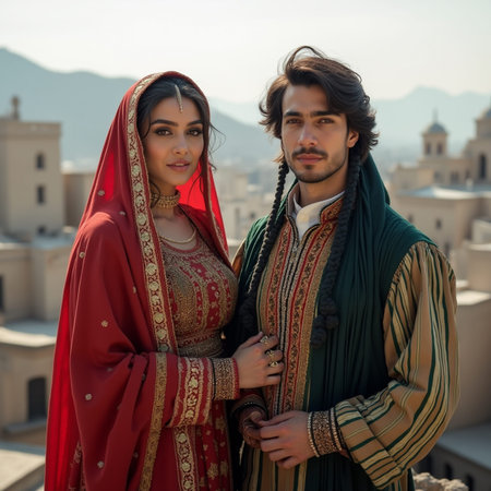 Young Indian couple in traditional clothing in the streets of Chefchaouen, Moroccoの素材