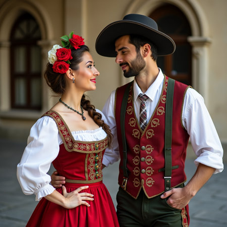 Young couple in traditional Bavarian clothes posing on the street.の素材