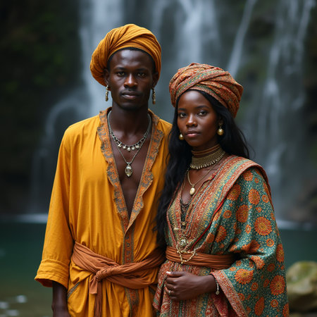 Portrait of young African-American man and woman in traditional clothes at waterfall.の素材