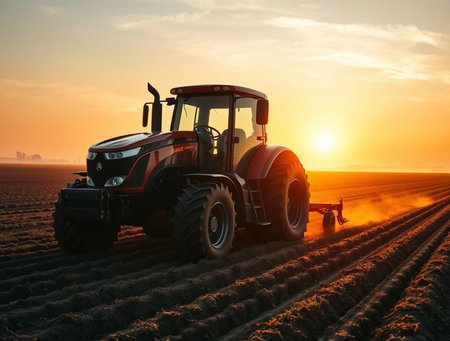 Tractor with seeder on the field. Tractor with seeder at sunset.の素材
