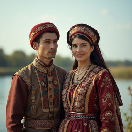 Portrait of a young couple in ethnic clothes on the river bankの素材