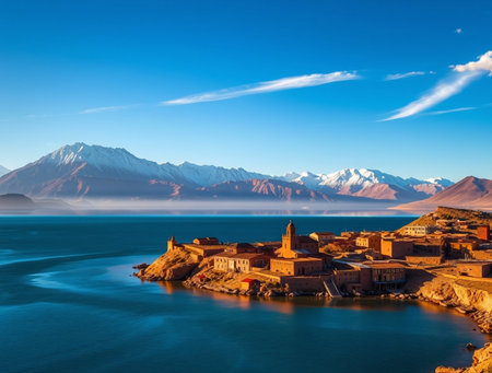 Panoramic view of Ushguli village on the shore of Lake Ushguli. Toned.の素材