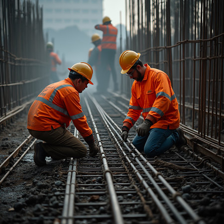 Construction workers working on the construction site. Heavy industry and engineering concept.の素材