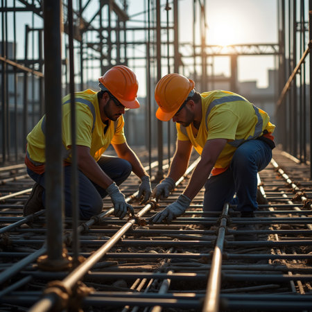 Team of engineers working on scaffolding at construction site. Construction concept.の素材