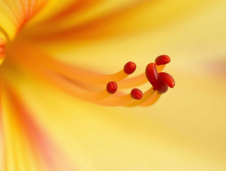 Macro shot of a yellow lily with red stamensの素材