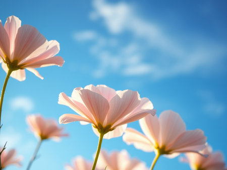 Cosmos flowers with blue sky background, soft focus and vintage tone.の素材