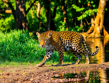 Jaguar walking along the bank of the Okavango Delta, Botswana.の素材