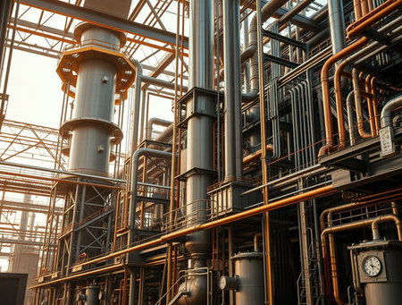 Industrial zone, Steel pipelines and cables in blue tones at a power plantの素材