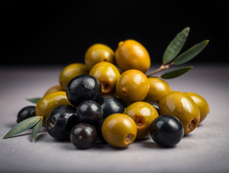 Black and green olives on a dark background. Selective focus.の素材