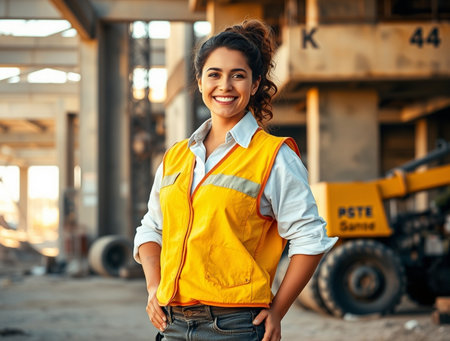 Portrait of a smiling female engineer standing in front of a construction siteの素材