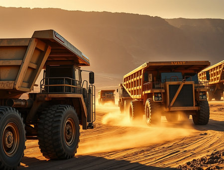 Dump truck unloading sand at a construction site in the desertの素材