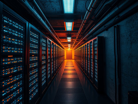 server room data center with rows of server racks. 3d renderingの素材