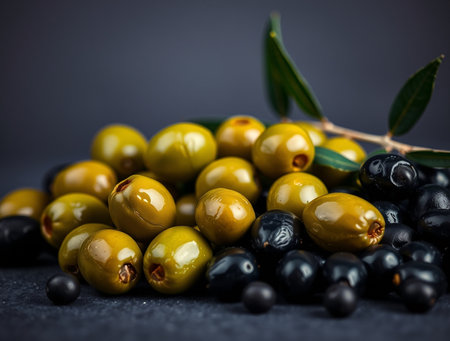 Black and green olives on a dark background. Selective focus.の素材