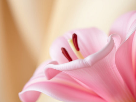 close up of pink lily petal on beige background with copy spaceの素材