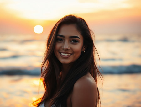 Portrait of a beautiful young woman in the sunset on the beach.の素材