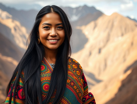 Portrait of a beautiful young woman on the background of mountains.の素材