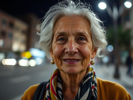 Portrait of smiling senior woman in the city at night time.の素材