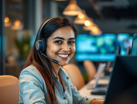 Portrait of a smiling female customer support operator sitting at her desk in a call center office.の素材