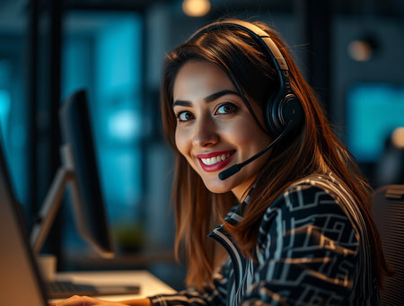 Portrait of beautiful young female customer support phone operator in headset working at night office.の素材