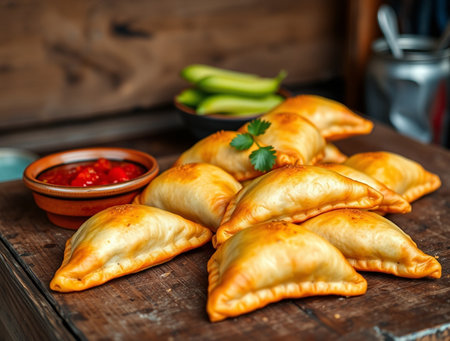Homemade empanadas with meat and vegetables on a wooden tableの素材