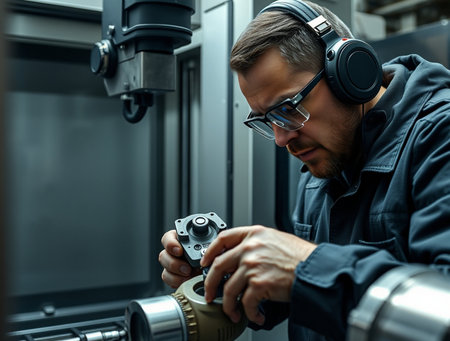 Engineer working on CNC milling machine. Industrial background.の素材