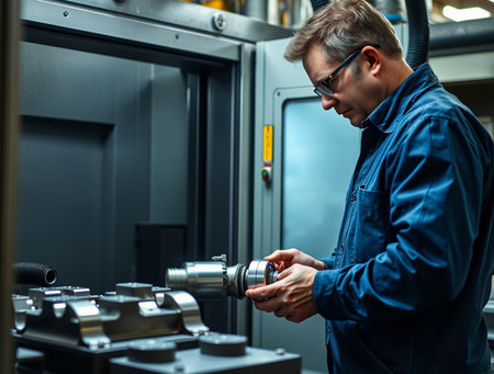 Engineer in blue shirt and glasses working on metalworking machine.の素材