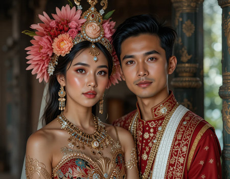 Portrait of a beautiful Asian bride and groom in traditional Thai costumeの素材