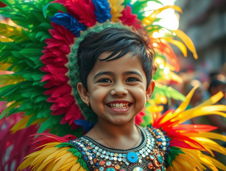 Cute little boy wearing colorful carnival costume in the street.の素材
