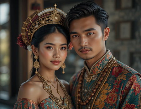Portrait of a beautiful asian couple wearing traditional thai costumeの素材