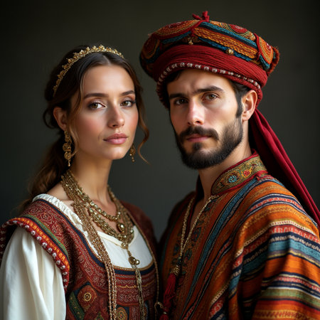 Portrait of a beautiful young couple in national clothes. Ukraine, Europe.の素材