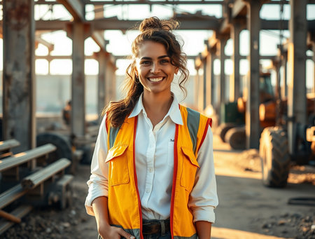 Portrait of a beautiful young woman in a yellow jacket on the background of construction equipment.の素材
