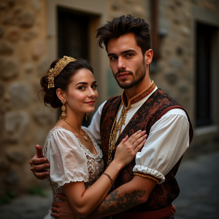 Portrait of a beautiful young couple in medieval clothes posing outdoor.の素材
