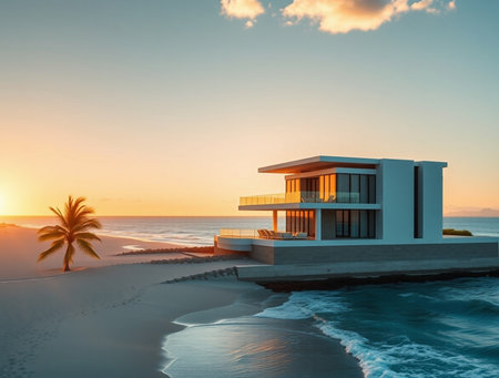 Sunset on the beach with palm tree and modern villa.の素材