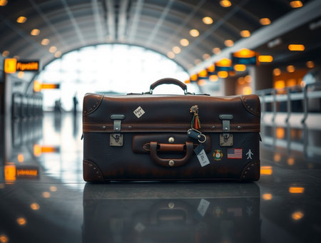 Suitcase in the airport terminal. Travel and tourism concept.の素材
