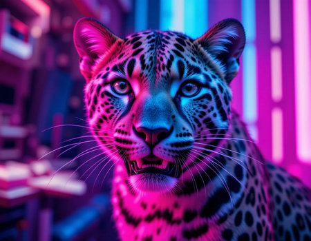 Portrait of a leopard in neon light. Colorful background.の素材