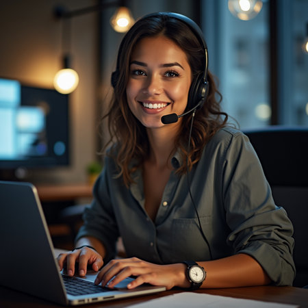 Portrait of happy customer support phone operator in headset working with laptop at office.の素材