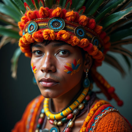 Portrait of a beautiful young African woman in a headdress of feathers.の素材