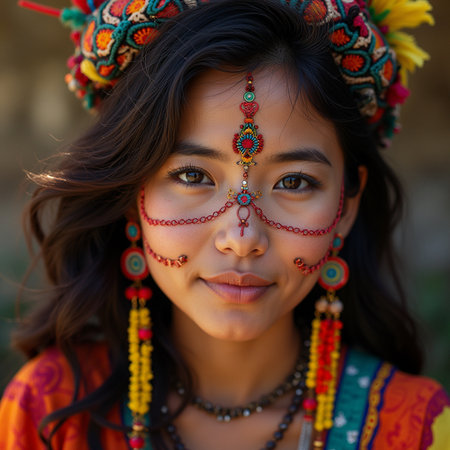 Portrait of a beautiful Indian girl wearing traditional costume and headdressの素材