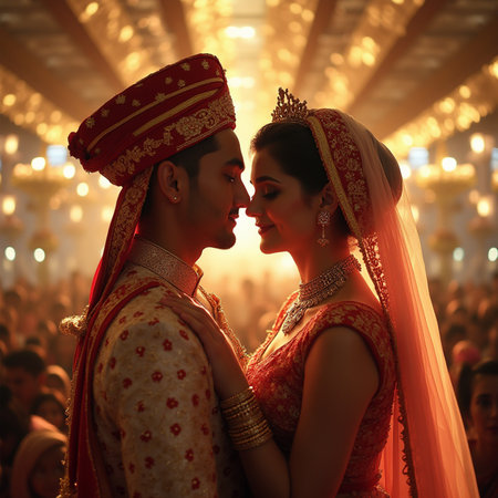 Beautiful Indian wedding couple in traditional clothes, bride and groom.の素材