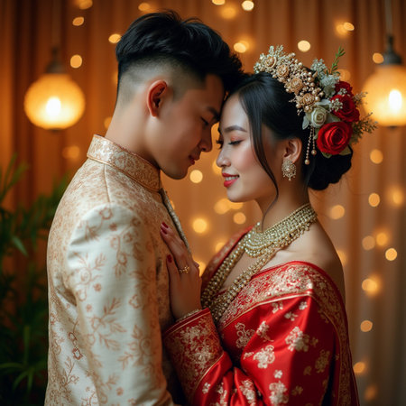 Portrait of Asian bride and groom in traditional Thai wedding dressの素材