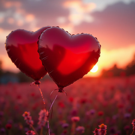 Valentine's day background with heart shaped balloons on a fieldの素材