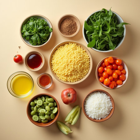 Composition with different healthy products on beige background, top viewの素材