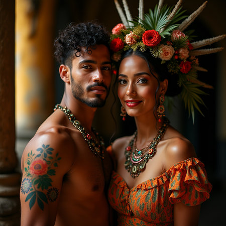 Portrait of a beautiful couple in traditional clothes with flowers in their hairの素材