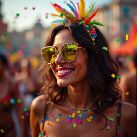 Portrait of happy young woman wearing sunglasses and colorful headband at the pride paradeの素材