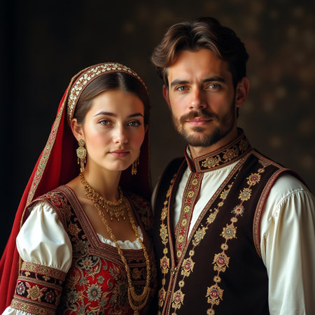 Portrait of a beautiful young couple in medieval clothes on a dark backgroundの素材