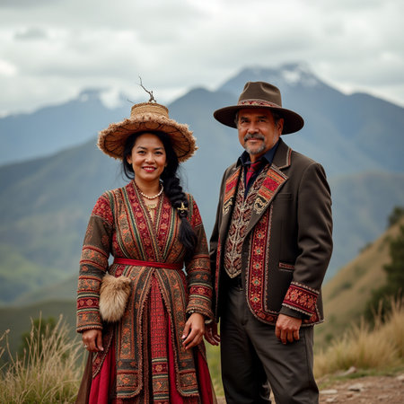 Mongolian couple in traditional dress and hat on the background of mountainsの素材