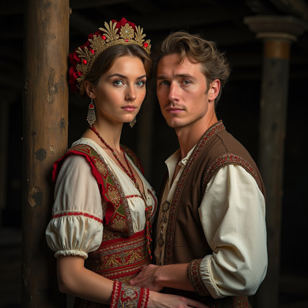 Portrait of a beautiful young couple in traditional Russian clothes posing in the village.の素材