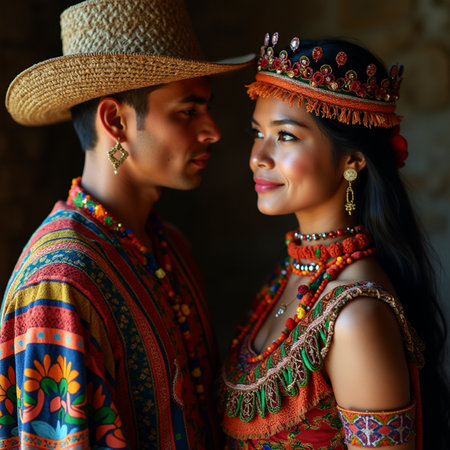 Portrait of a beautiful Asian woman and man wearing traditional costumeの素材