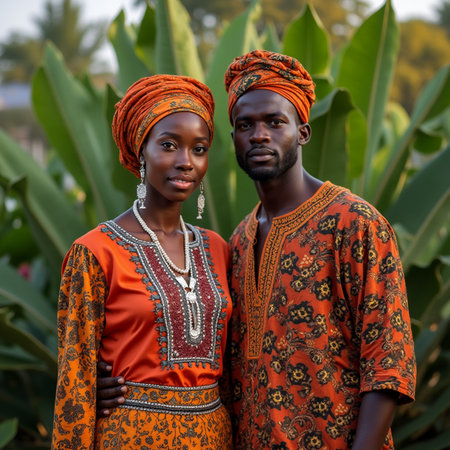 Portrait of a young African couple in traditional clothes standing in the garden.の素材