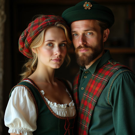 Portrait of young couple in traditional Bavarian clothes looking at cameraの素材